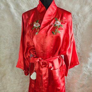 VTG Pearls Women's Red Silk Asian Floral Hand Embroidery Long Bathrobe Kimono XL